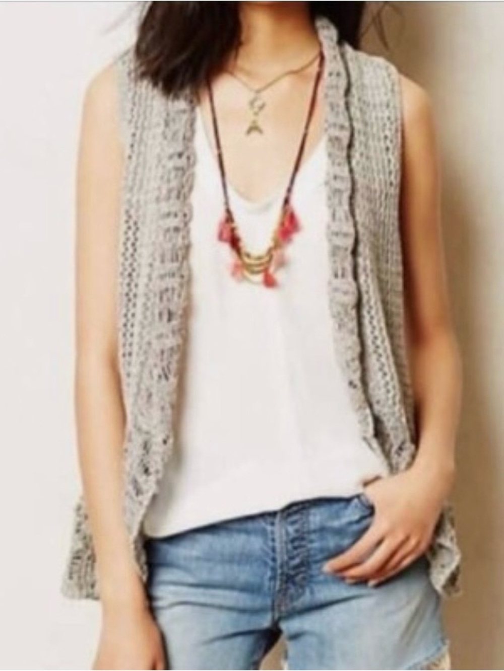 Anthropologie Angel of the North Light Gray/tan crochet open-knit vest size S